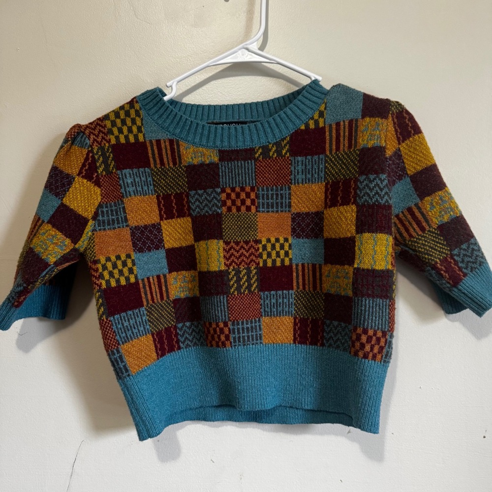 Rough Los Angeles Women's Small Patchwork Checkered Knit Crop Top Sweater Teal